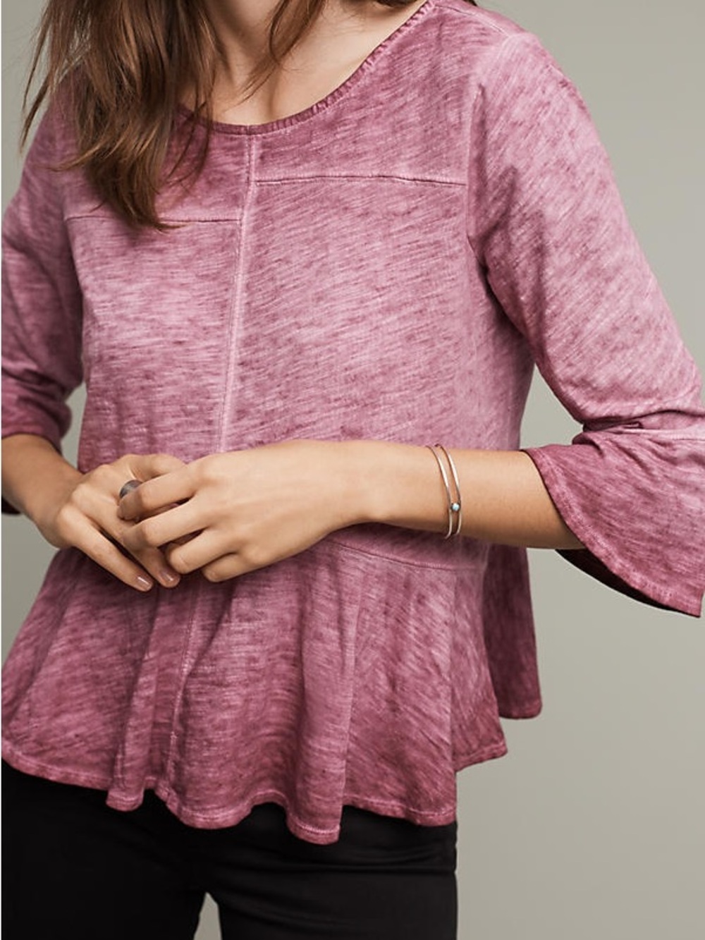 Anthropologie Akemi + Kin Seamed Peplum Top 100% Cotton 3/4 Bell Sleeves